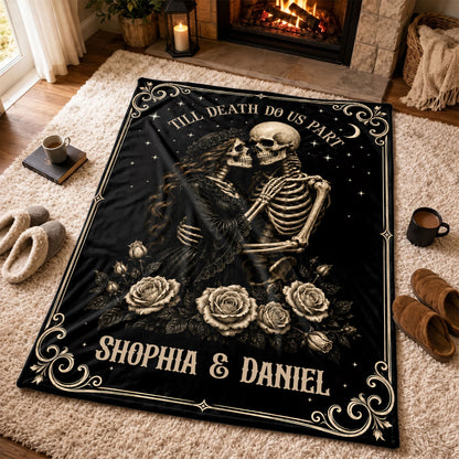 Personalized Skeleton Couple Fleece & Sherpa Blanket, Gothic Blanket with Roses, Halloween Gift for Couples