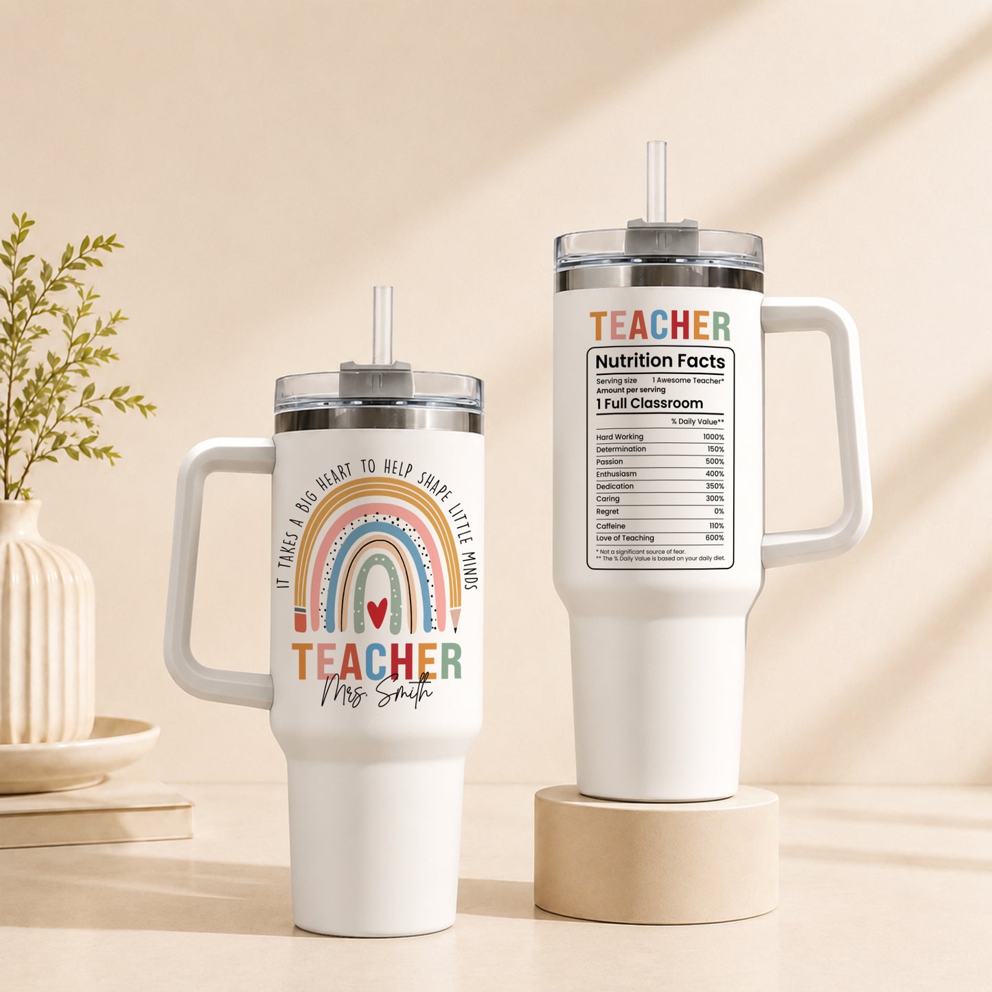 Personalized Teacher Tumbler with Handle - Custom Teacher Name Gift - Rainbow School Travel Cup with Straw - Appreciation Gift for Teachers