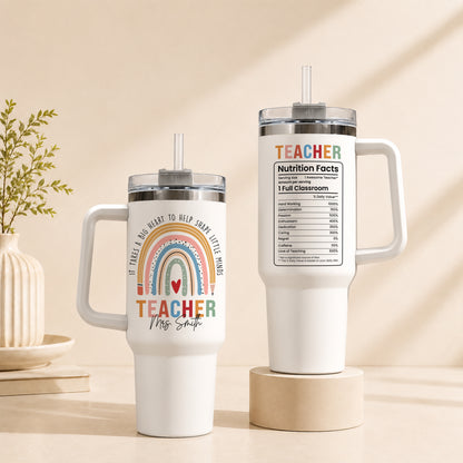 Personalized Teacher Tumbler with Handle - Custom Teacher Name Gift - Rainbow School Travel Cup with Straw - Appreciation Gift for Teachers