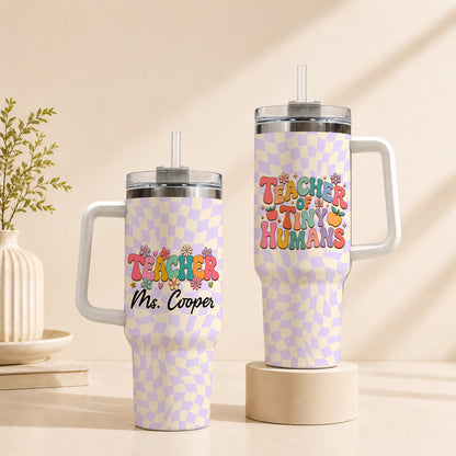Retro Groovy Teacher Tumbler with Handle - Teacher of Tiny Humans - Personalized Teacher To Go Cup - Retro Gift for Teachers