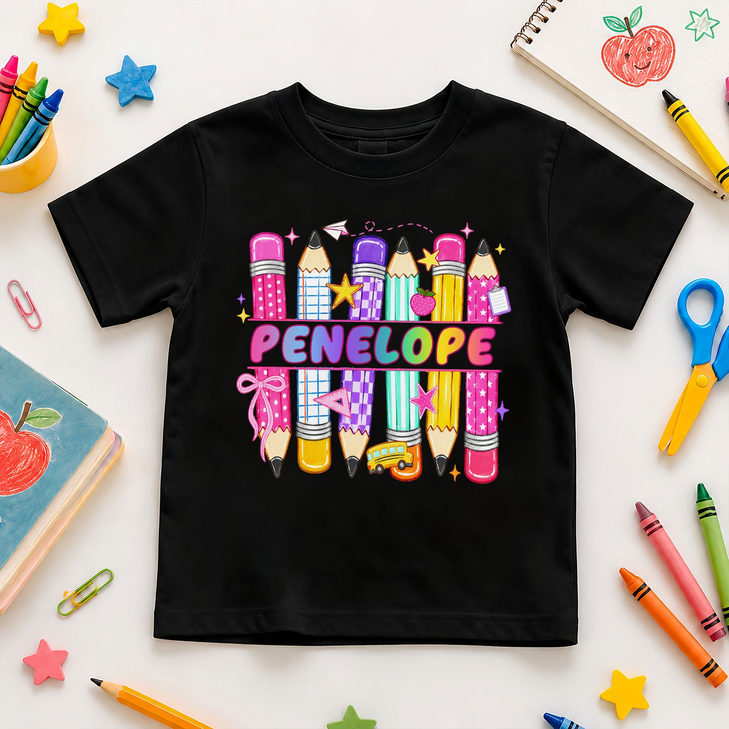 Colorful Pencil School Shirt - Custom Name Kids T-shirt - Back To School Outfit for Boys & Girls
