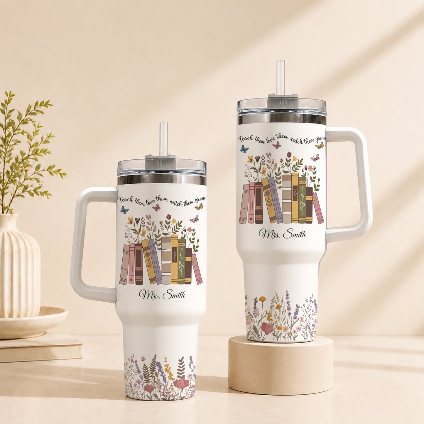 Personalized 40oz Teacher Tumbler with Handle & Straw – Custom Floral Teacher Gift for Back to School, First Day of School & Teacher Appreciation