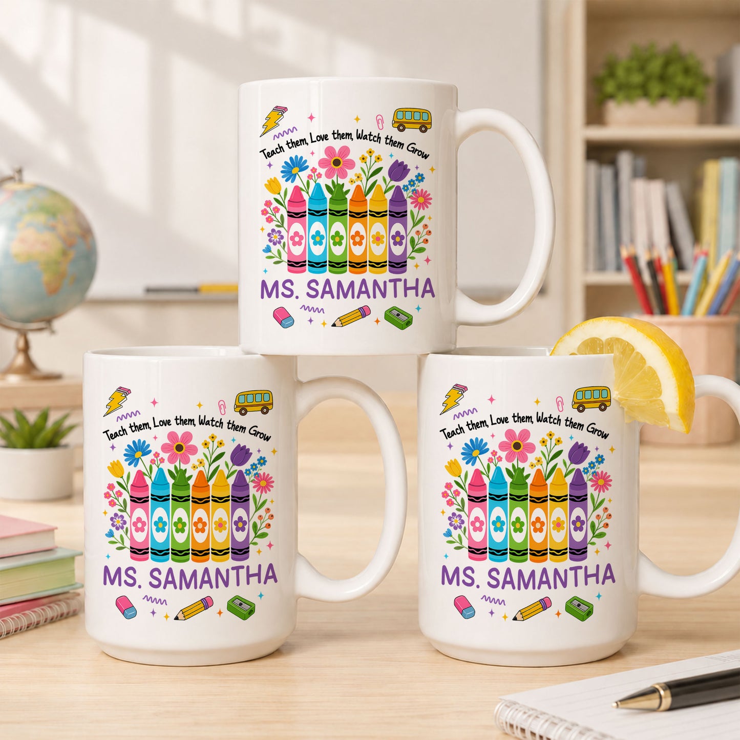 Teacher Crayon Flowers Mug - Teach Them Love Them Watch Them Grow - Personalized Teacher Mug, Appreciation Teacher Gift