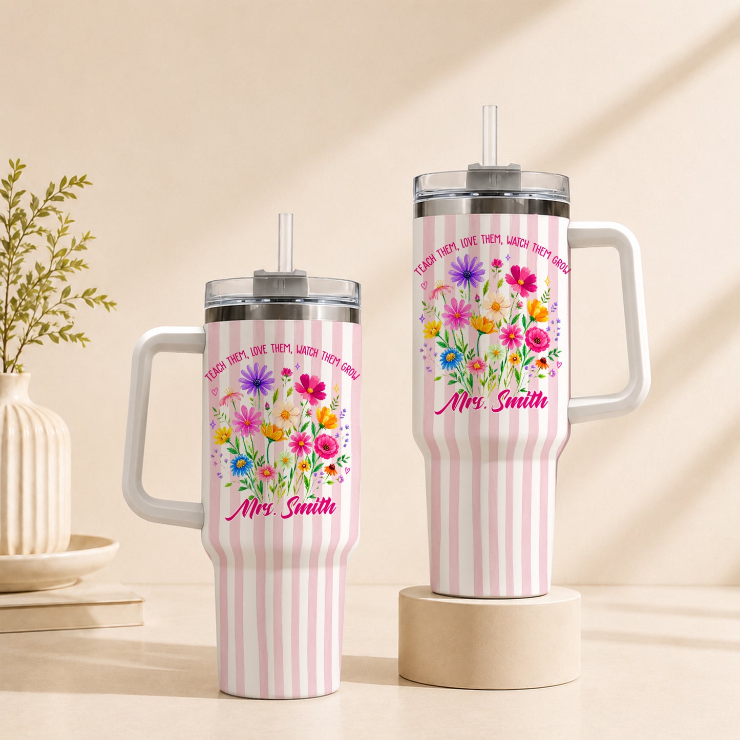 Personalized 40oz Teacher Tumbler with Handle & Straw – Custom Floral Teacher Gift for Back to School, First Day of School & Teacher Appreciation
