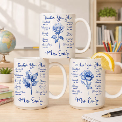 Birth Month Flower Bible Teacher Mug - Teacher You Are Amazing - Custom Teacher Name Coffee Cup - Back To School Gift for Teachers