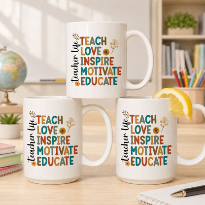 Vintage Floral Teacher Mug - Teach Love Inspire Motivate Educate - Custom Teacher Name Coffee Cup - Appreciation Gift for Teachers