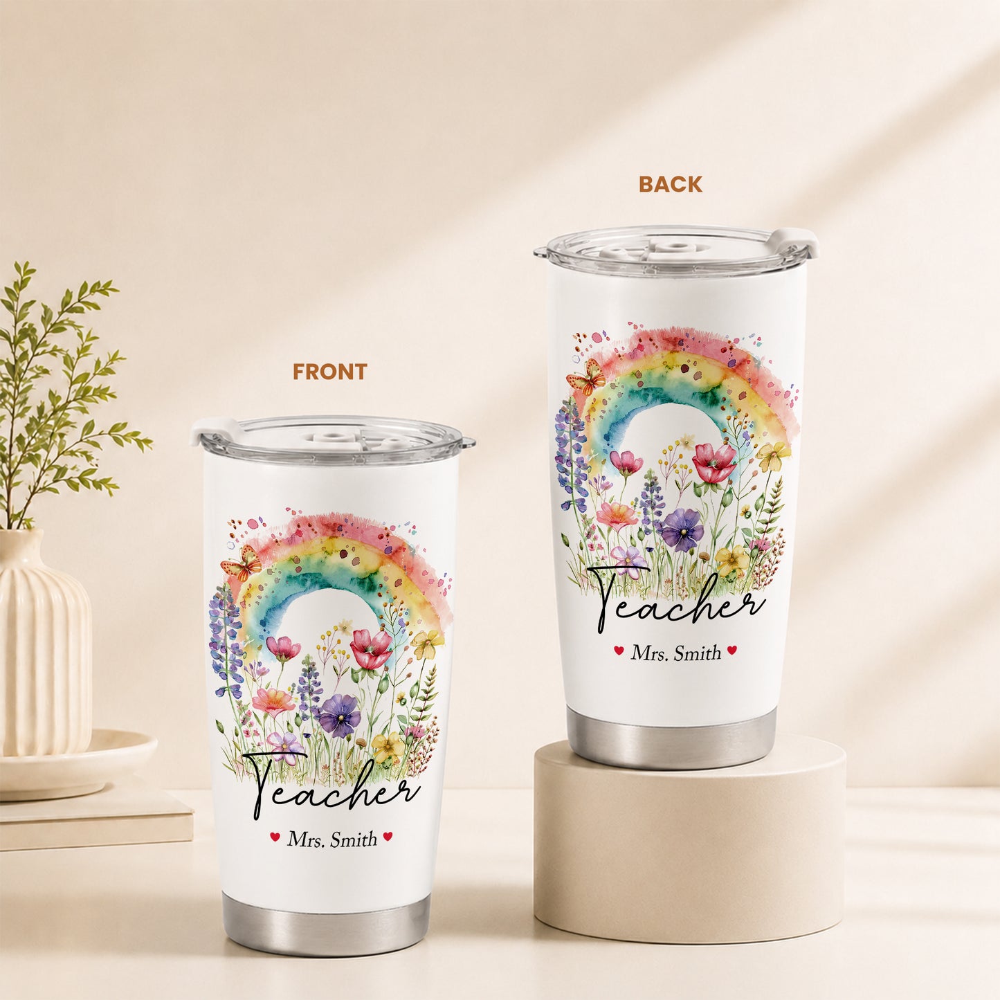Personalized Teacher Tumbler with Custom Name, Cute Pencil Floral Travel Cup, Teacher Appreciation Gift, Back to School Teacher Gift
