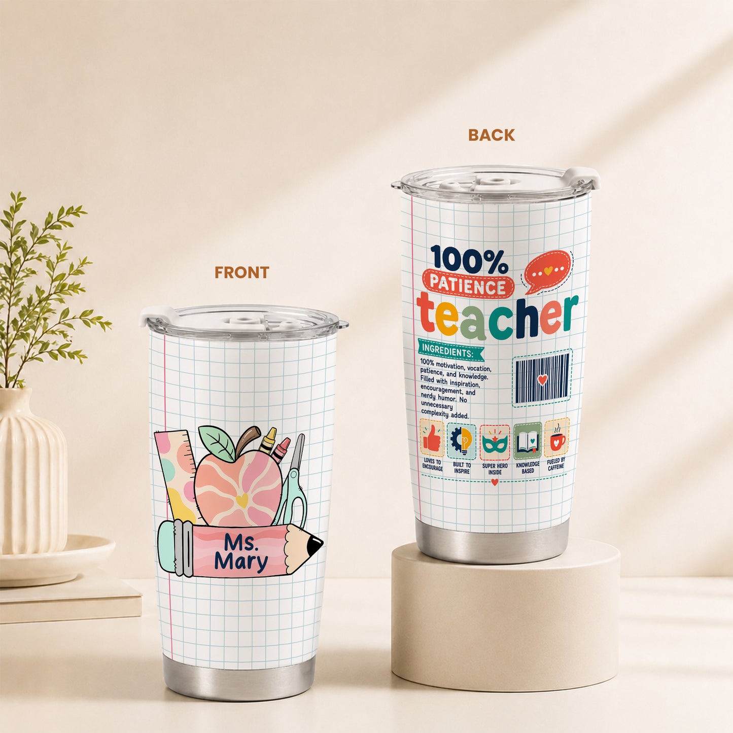 Teacher Ingredients Tumbler - Personalized Teacher Stainless Steel Tumbler, Funny Gift for Teachers