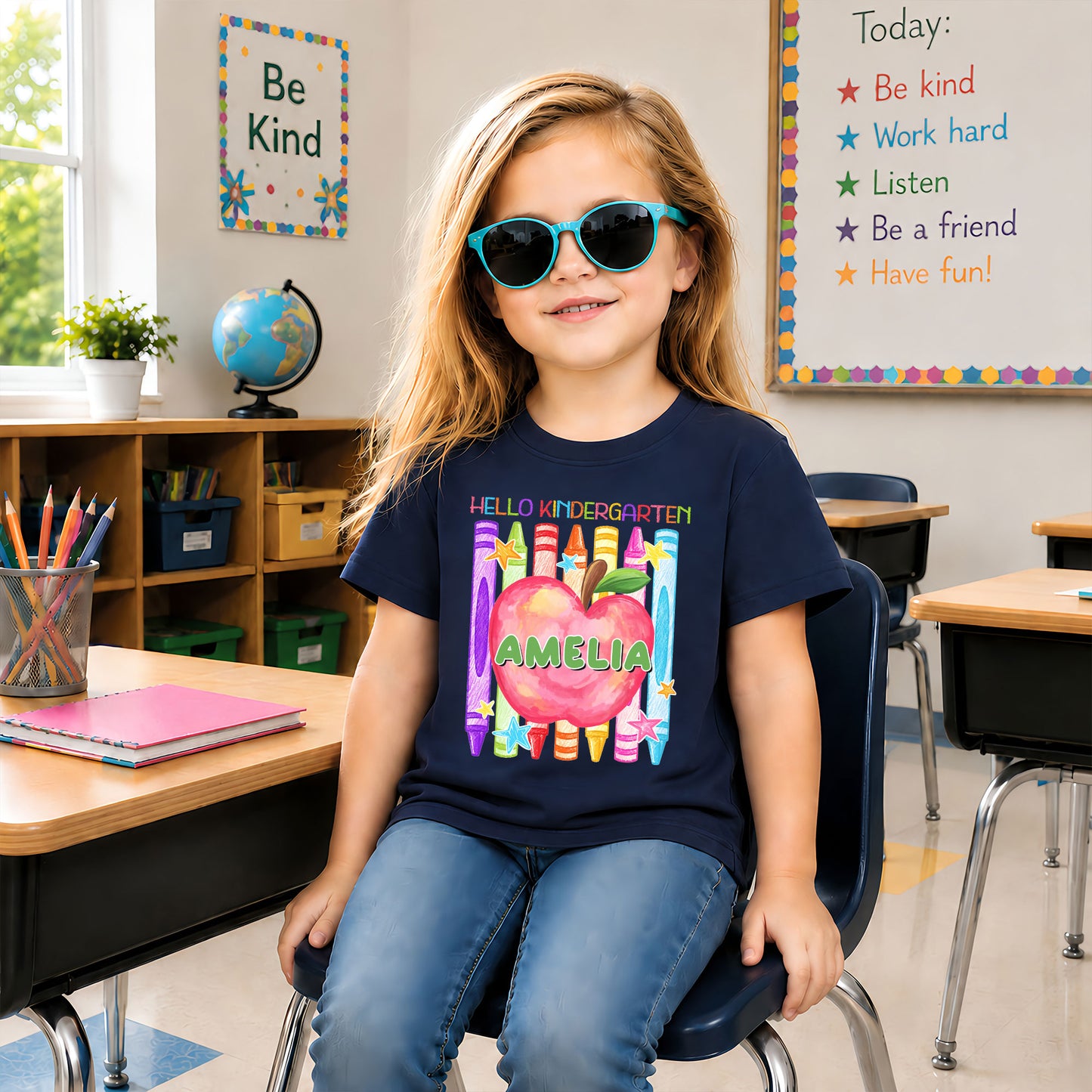 Colorful Apple Crayon Shirt - Custom Name & Grade Kids T-Shirt - First Day of School Outfit for Boys & Girls