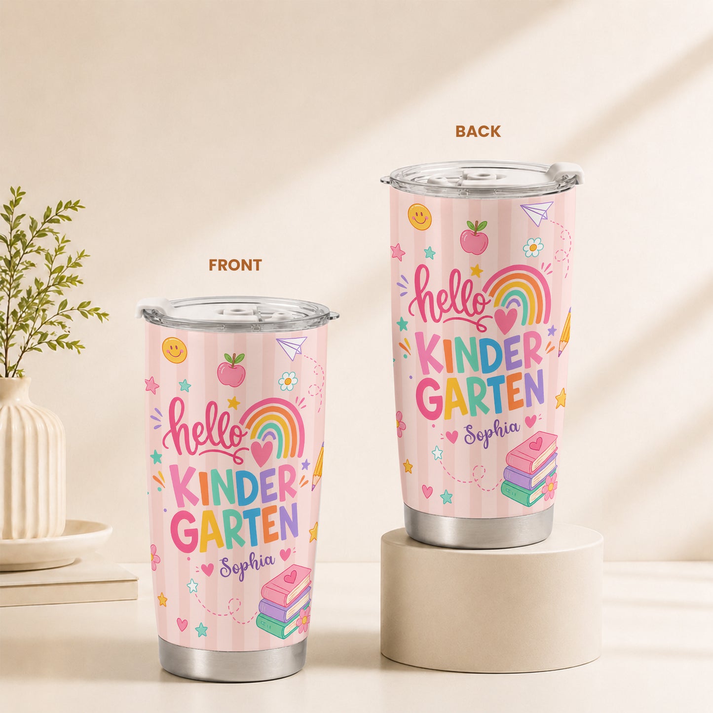 Personalized Hello Kindergarten Tumbler with Custom Grade & Name, Back to School Student Travel Cup, First Day of School Gift for Kids Students