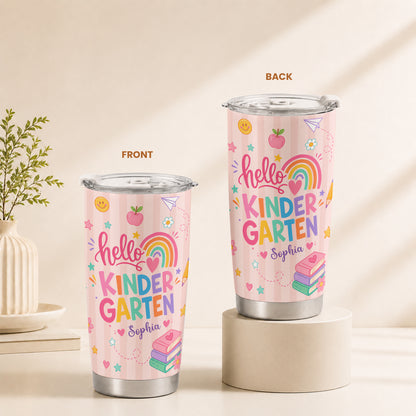 Personalized Hello Kindergarten Tumbler with Custom Grade & Name, Back to School Student Travel Cup, First Day of School Gift for Kids Students