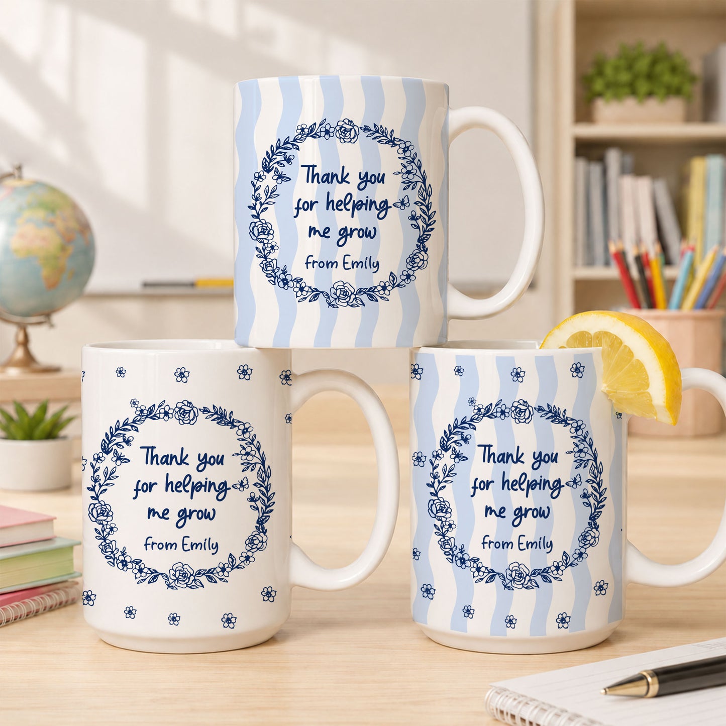 Blue Floral Teacher Mug - Thank You for Helping Me Grow - Custom Teacher Name Coffee Cup - Appreciation Gift for Teachers
