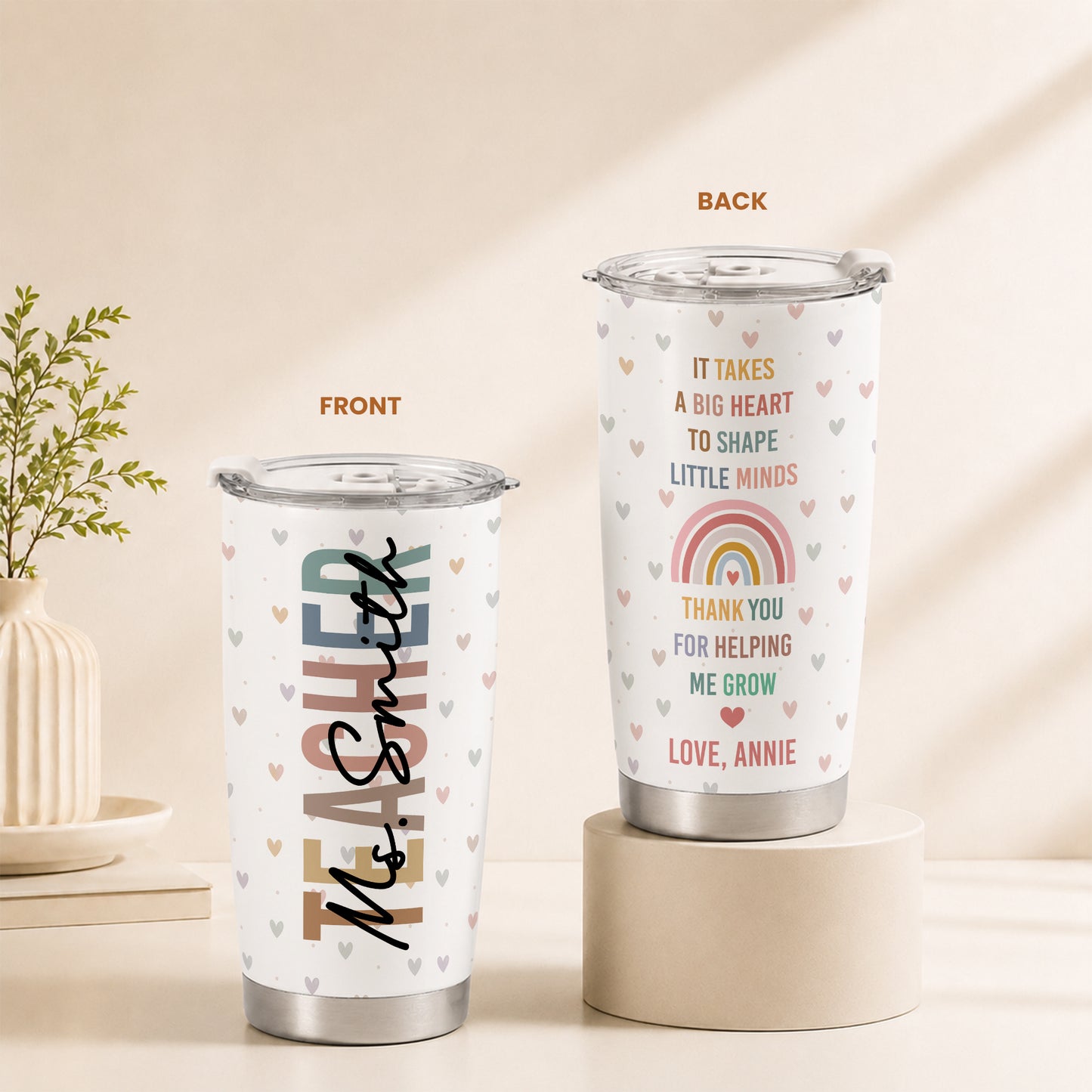 Pastel Rainbow Teacher Tumbler - Custom Teacher & Student's Name Stainless Steel Tumbler - Appreciation Gift for Teachers
