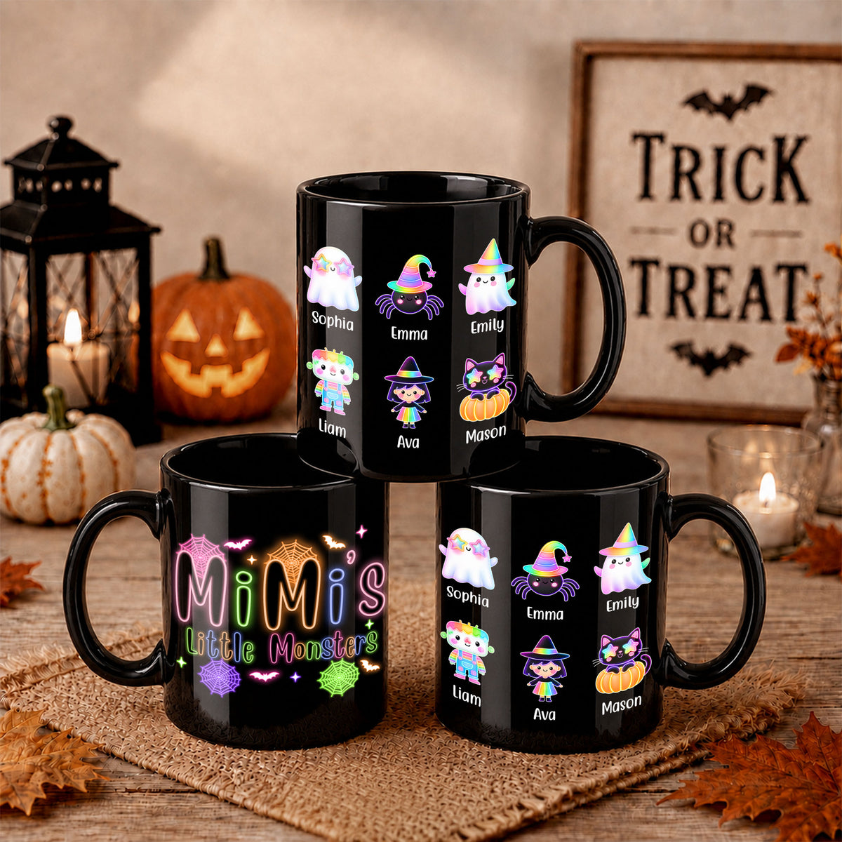 Personalized Halloween Black Mug - Mimi's Little Monsters Neon Mug - Halloween Gift for Grandma & Mom