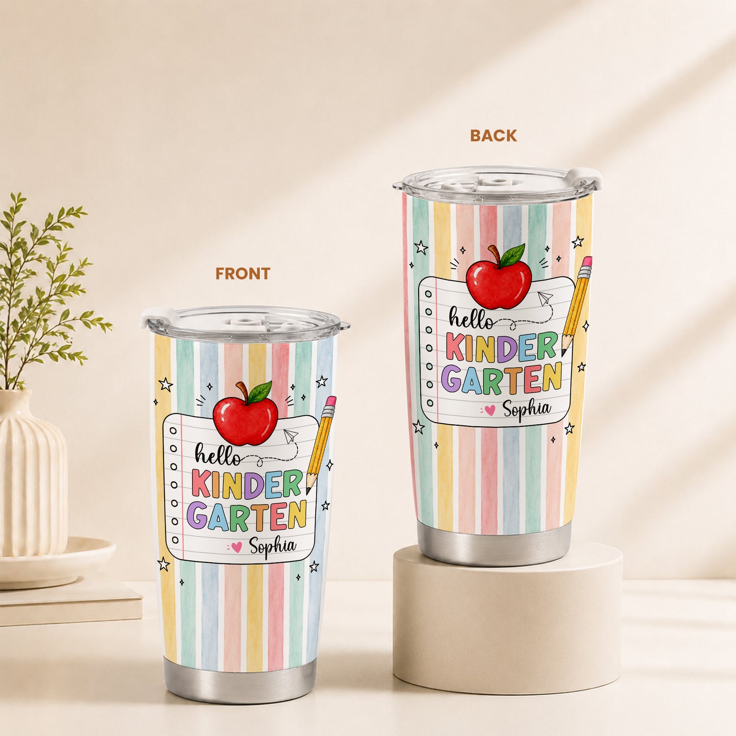 Personalized Hello Kindergarten Tumbler with Custom Grade & Name, Back to School Student Travel Cup, First Day of School Gift for Kids Students