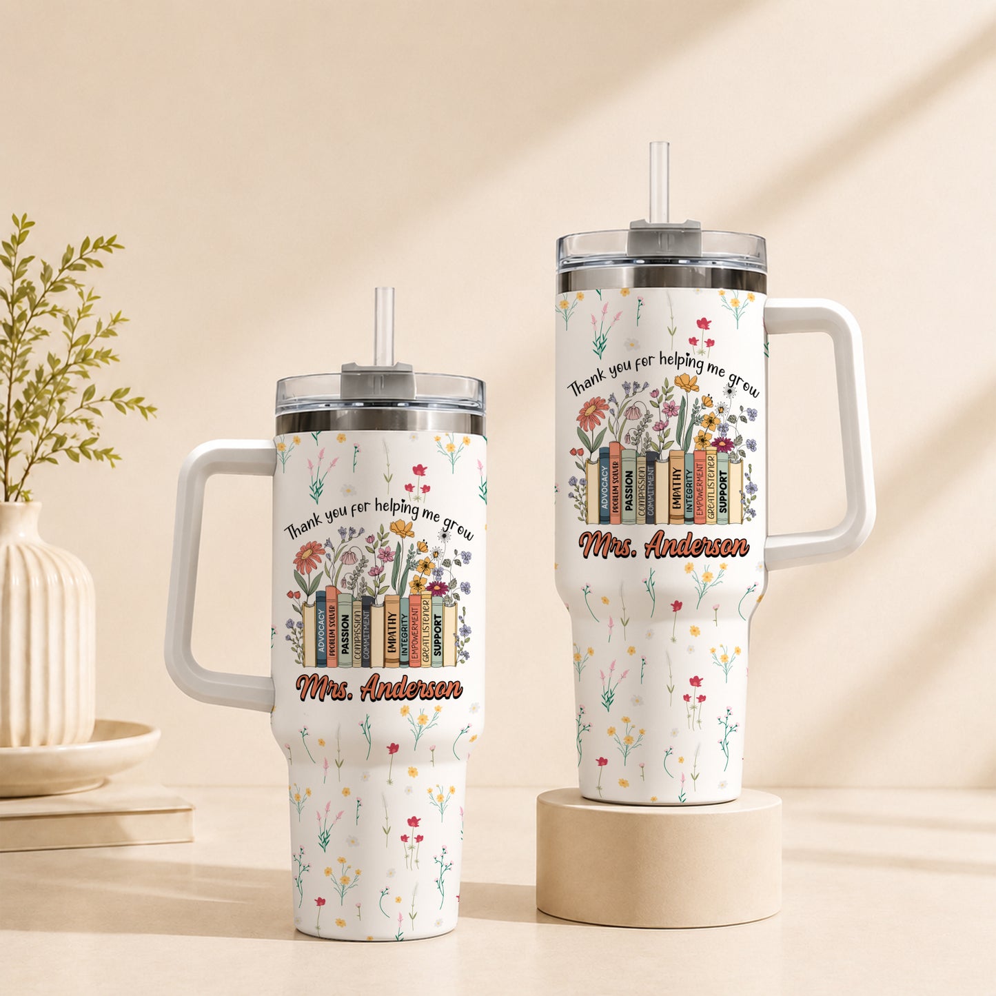Vintage Floral Book Teacher Tumbler With Handle - Thank You Teacher To Go Cup - Personalized Back To School Gift for Teacher