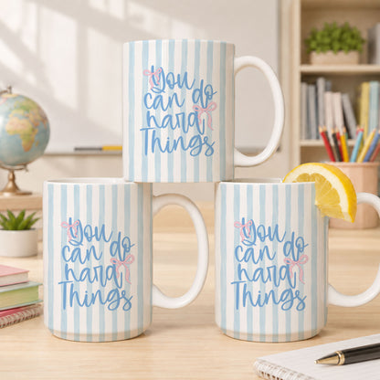 Personalized Teacher Student Coffee Mug with Custom Name, You Can Do Hard Things Mug, Striped Color School Gift, Back to School Cup