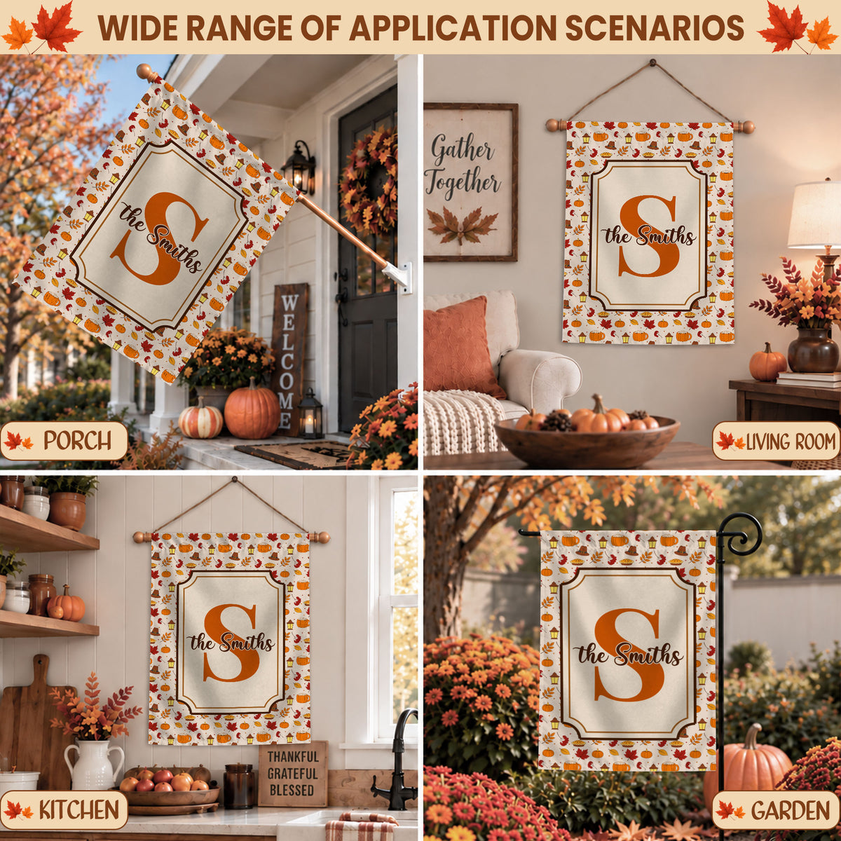Personalized Thanksgiving Garden Flag - Custom Family Name Monogram Fall Yard Decor - Pumpkin Harvest Outdoor Flag - Autumn Home Decor