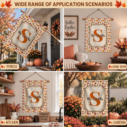 Personalized Thanksgiving Garden Flag - Custom Family Name Monogram Fall Yard Decor - Pumpkin Harvest Outdoor Flag - Autumn Home Decor