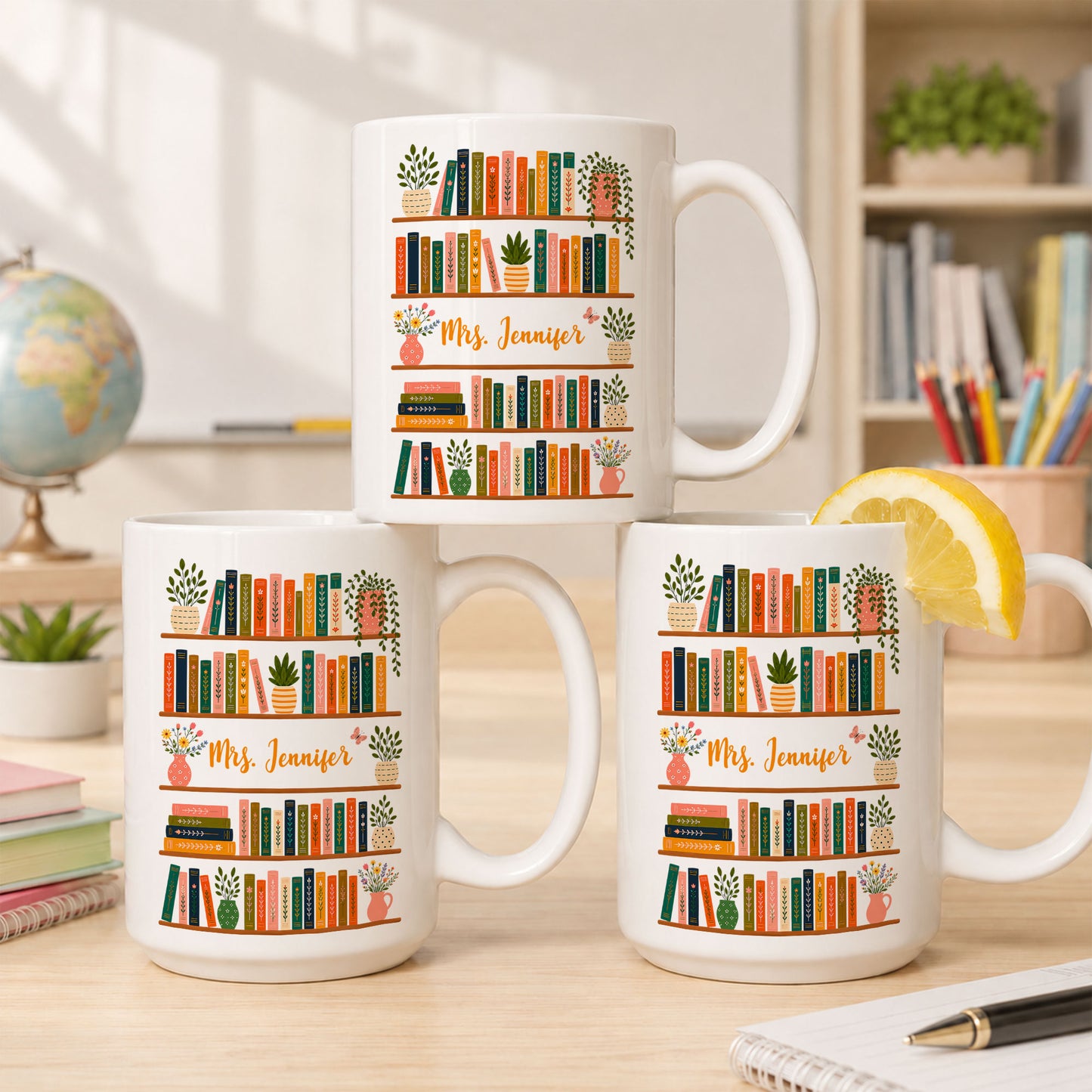 Vintage Floral Bookshelf Mug - Personalized Teacher Mug - Back To School Teacher Gift