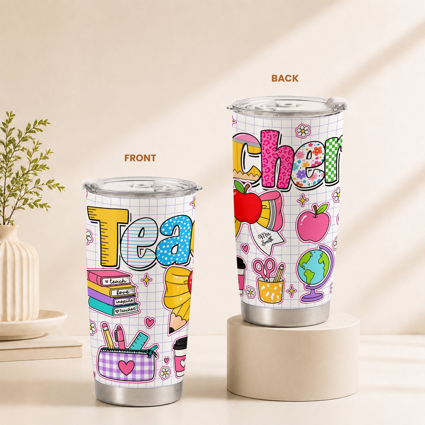Personalized Teacher Tumbler with Custom Name, Cute Pencil Floral Travel Cup, Teacher Appreciation Gift, Back to School Teacher Gift