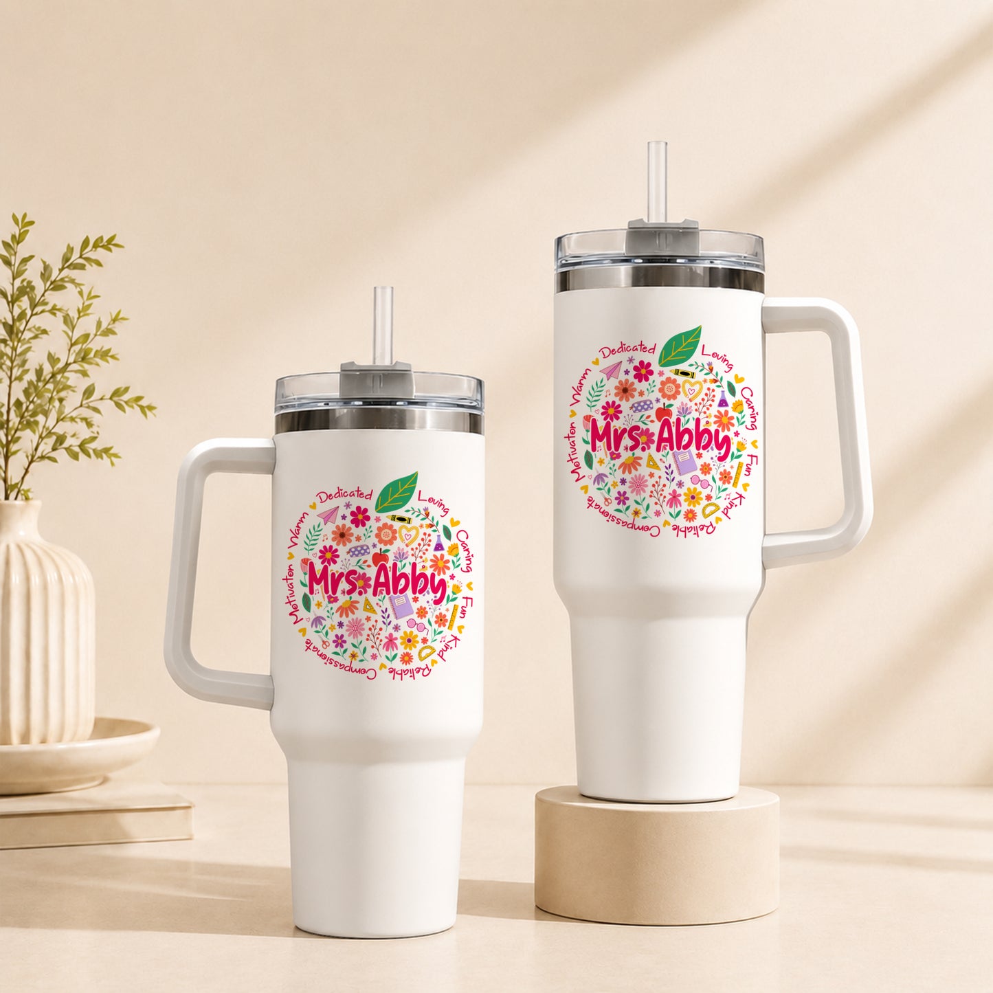 Retro Floral Teacher Tumbler With Handle - Custom Name Teacher To Go Cup, Back To School Teacher Gift