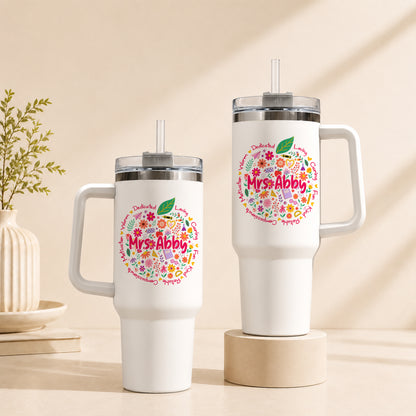 Retro Floral Teacher Tumbler With Handle - Custom Name Teacher To Go Cup, Back To School Teacher Gift