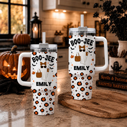 Personalized Halloween Tumbler with Handle - Custom Name Boo Jee Ghost Tumbler - Trendy Spooky Season Gift