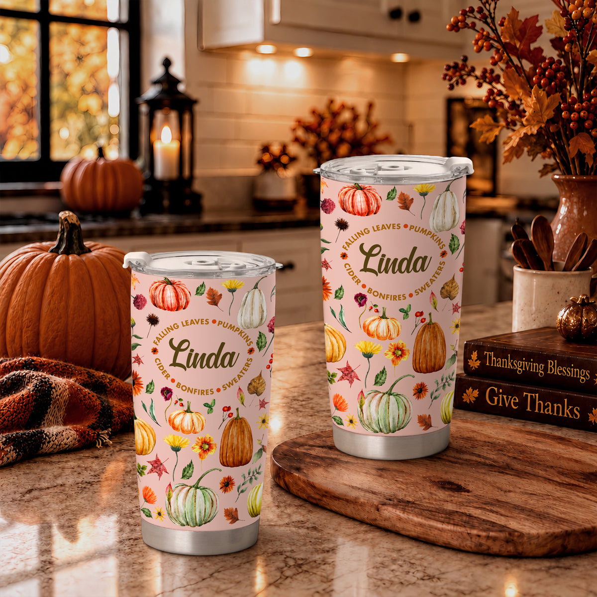Personalized Thanksgiving Tumbler - Custom Name Fall Pumpkin Tumbler - Thanksgiving Gift for Friends, Women