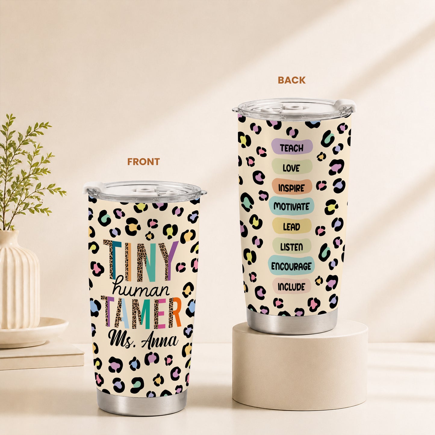 Tiny Human Tamer Teacher Tumbler with Handle - Colorful Leopard Print Teacher To Go Cup - Personalized Gift for Teachers
