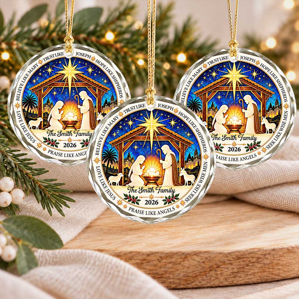 Personalized Christmas Ornament - Custom Family Name Nativity Scene - Christian Christmas Gift, Religious Decor