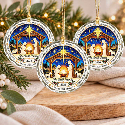 Personalized Christmas Ornament - Custom Family Name Nativity Scene - Christian Christmas Gift, Religious Decor