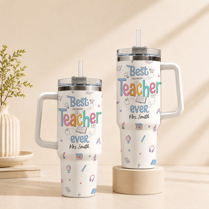 Personalized 40oz Teacher Tumbler with Handle & Straw – Custom Name Insulated Travel Mug for Back to School, Teacher Appreciation & First Day of School Gift