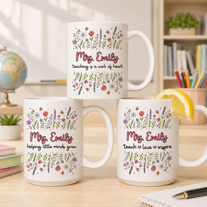 Floral Teacher Mug - Teach Love Inspire - Personalized Wildflower Ceramic Coffee Mug - Back To School Gift for Teachers