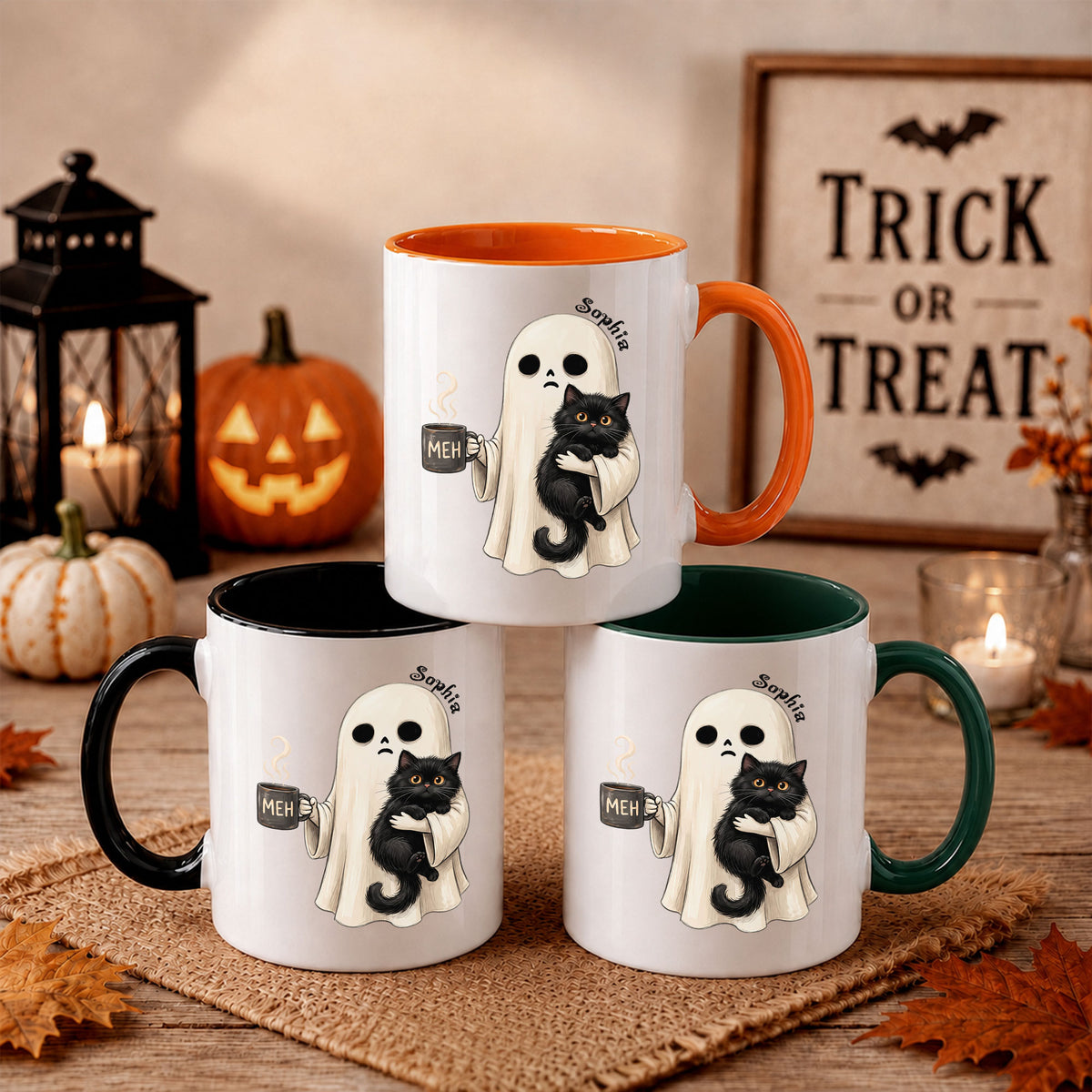 Personalized Halloween Mug, Custom Ghost Cat Coffee Cup, Cute Spooky Mug, Halloween Gift for Cat Lovers