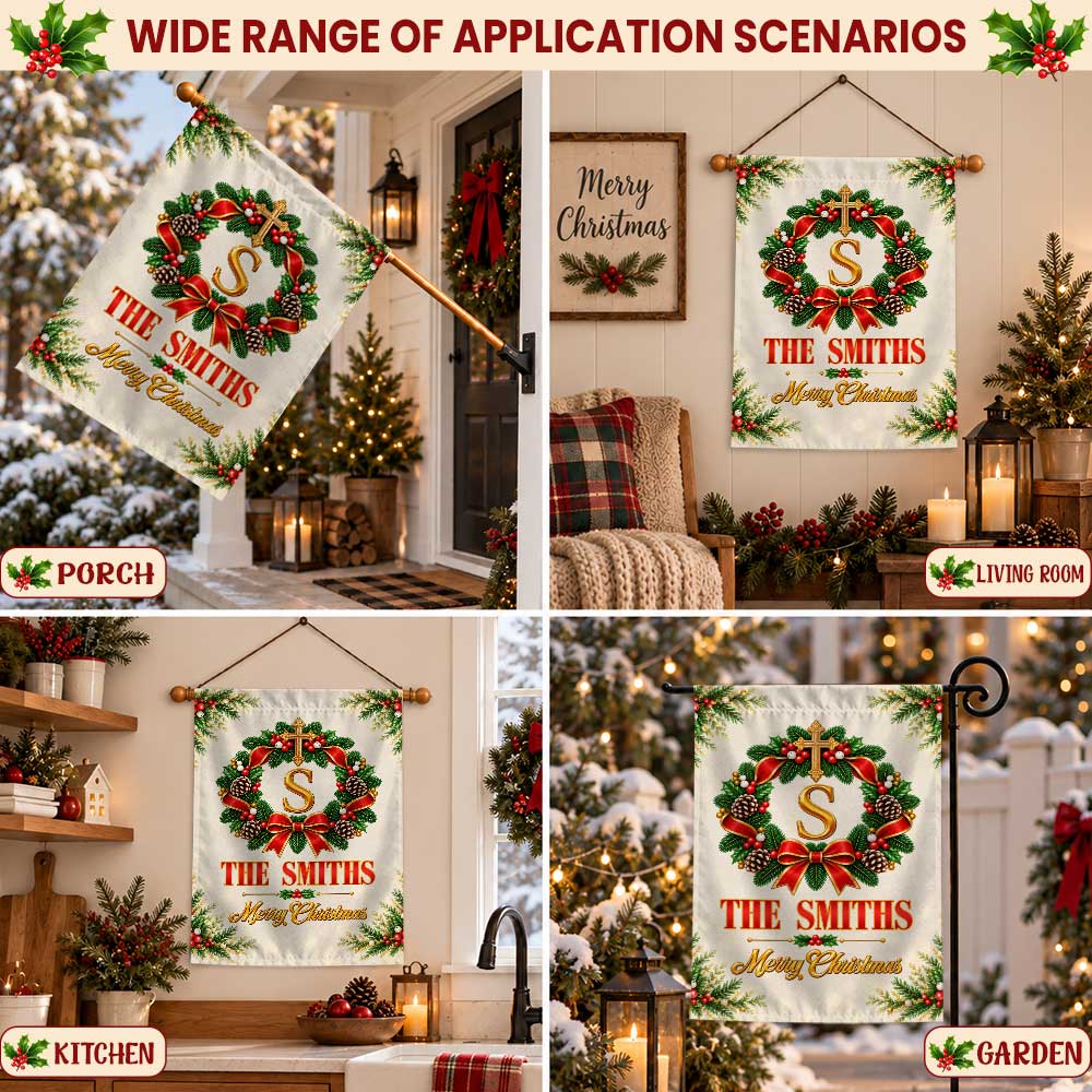Personalized Christmas Garden Flag - Custom Family Name Monogram Wreath - Holiday Outdoor Decor, Christmas Gift