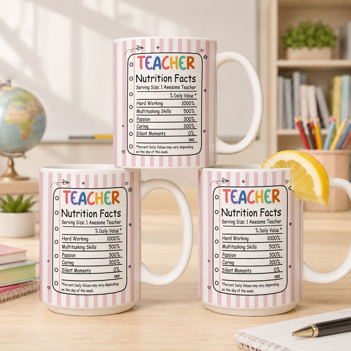 Back To School - Personalized Teacher Mug - Teacher Nutrition Facts - Custom Name Striped Mug, Gift for Teachers