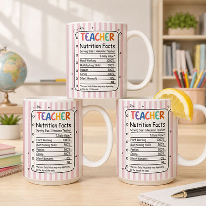 Back To School - Personalized Teacher Mug - Teacher Nutrition Facts - Custom Name Striped Mug, Gift for Teachers