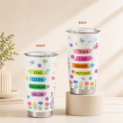 Rainbow Teacher Tumbler - Teach Love Inspire - Custom Teacher Name Travel Cup - Colorful Teacher Gift