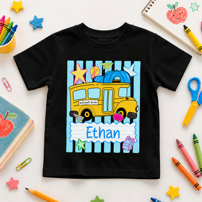 Personalized School Bus Shirt - Custom Name & Grade Kid T-shirt - Back To School Gift for Boys & Girls