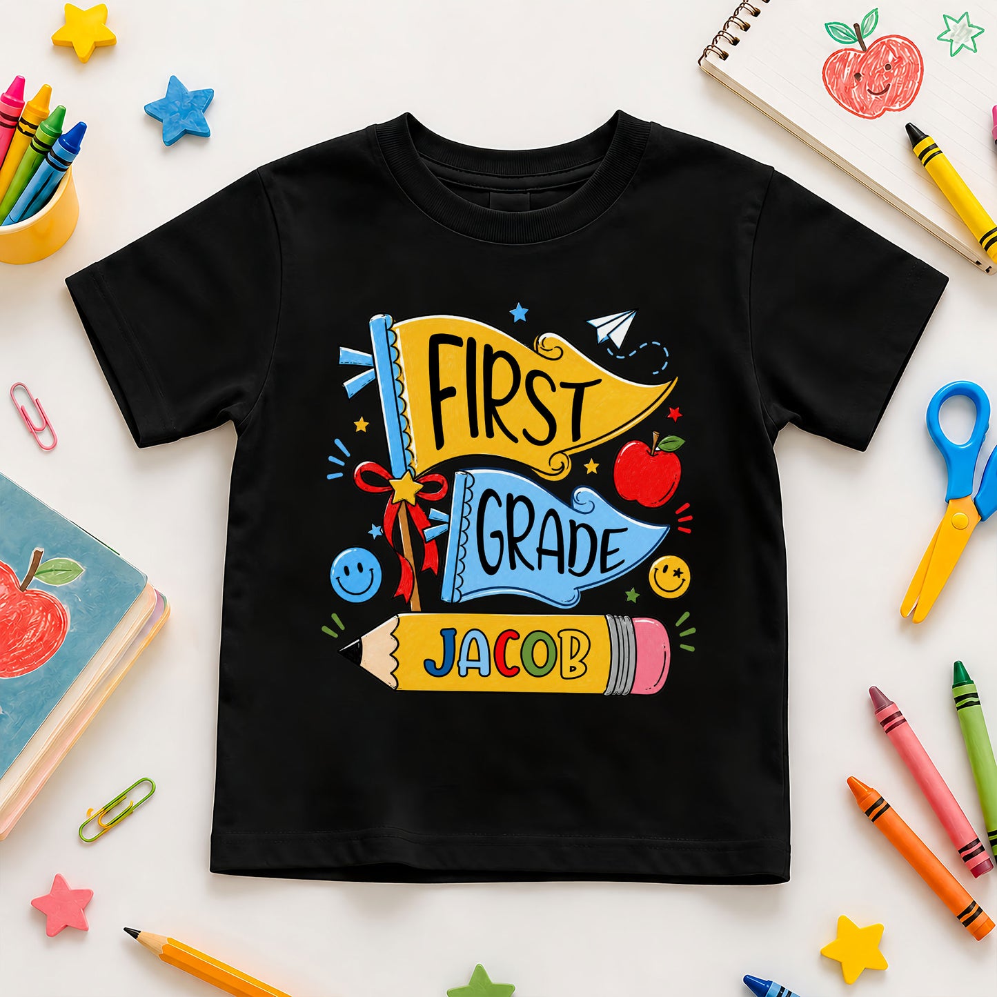 Personalized Back To School Shirt - Colorful Pennant Custom Grade & Name Kids T-Shirt - First Day of School Gift for Boys & Girls