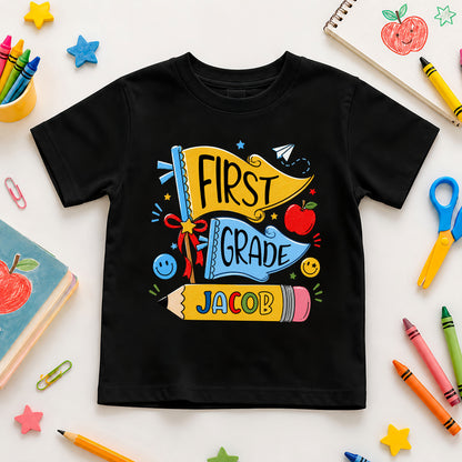 Personalized Back To School Shirt - Colorful Pennant Custom Grade & Name Kids T-Shirt - First Day of School Gift for Boys & Girls