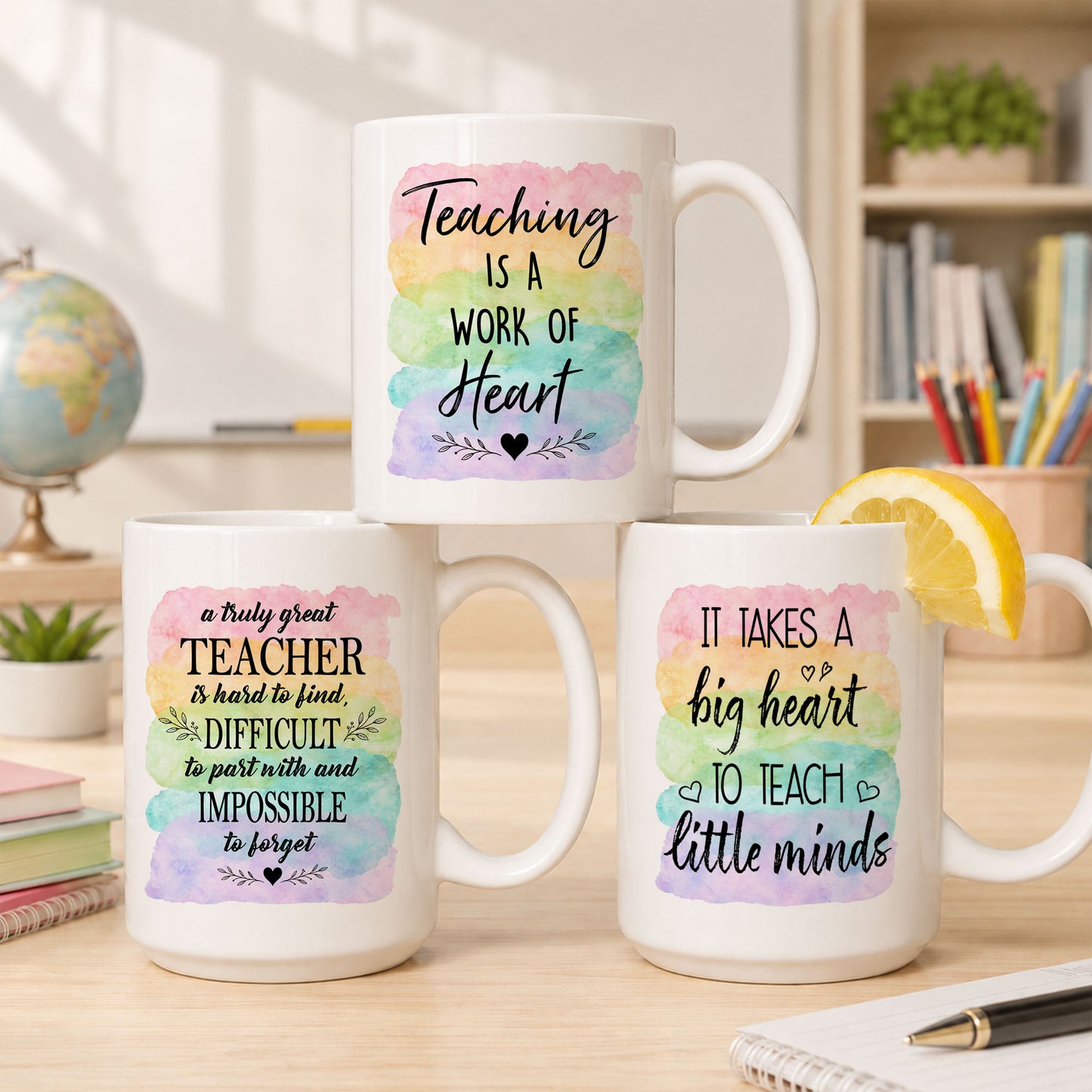 Watercolor Rainbow Teacher Mug - It Takes A Big Heart To Shape Little Minds - Meaningful Back To School Gift for Teachers