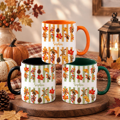 Personalized Fall Mug with Name - Autumn Leaves and Acorns Coffee Cup - Fall Gift for Friends