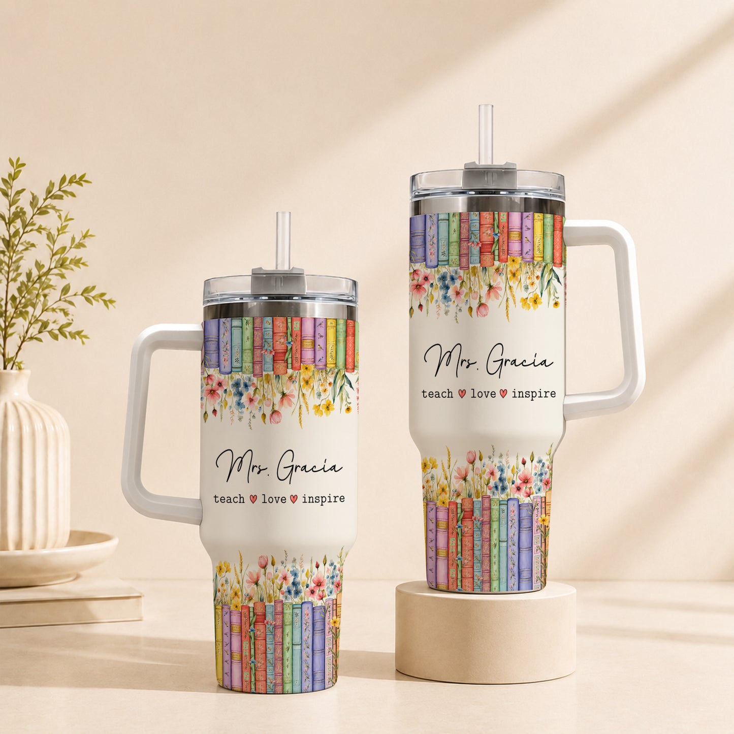 Personalized Teacher Tumbler - Vintage Floral Book Stack Tumbler - Custom Teacher Name Tumbler, Teacher Appreciation Gift