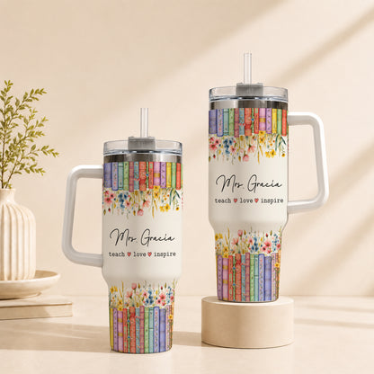 Personalized Teacher Tumbler - Vintage Floral Book Stack Tumbler - Custom Teacher Name Tumbler, Teacher Appreciation Gift