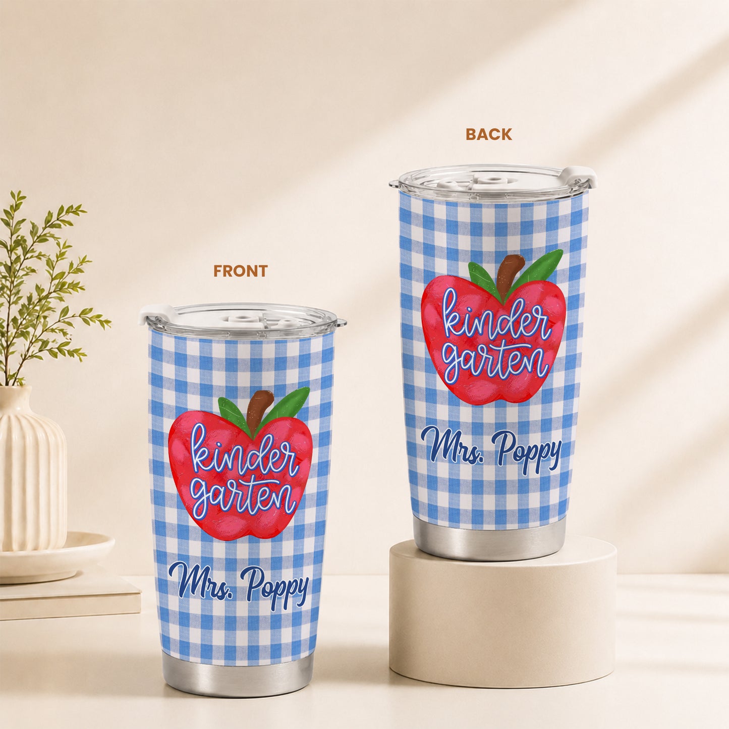 Gingham Teacher Tumbler - Personalized Teacher To Go Cup - Back To School Teacher Gift