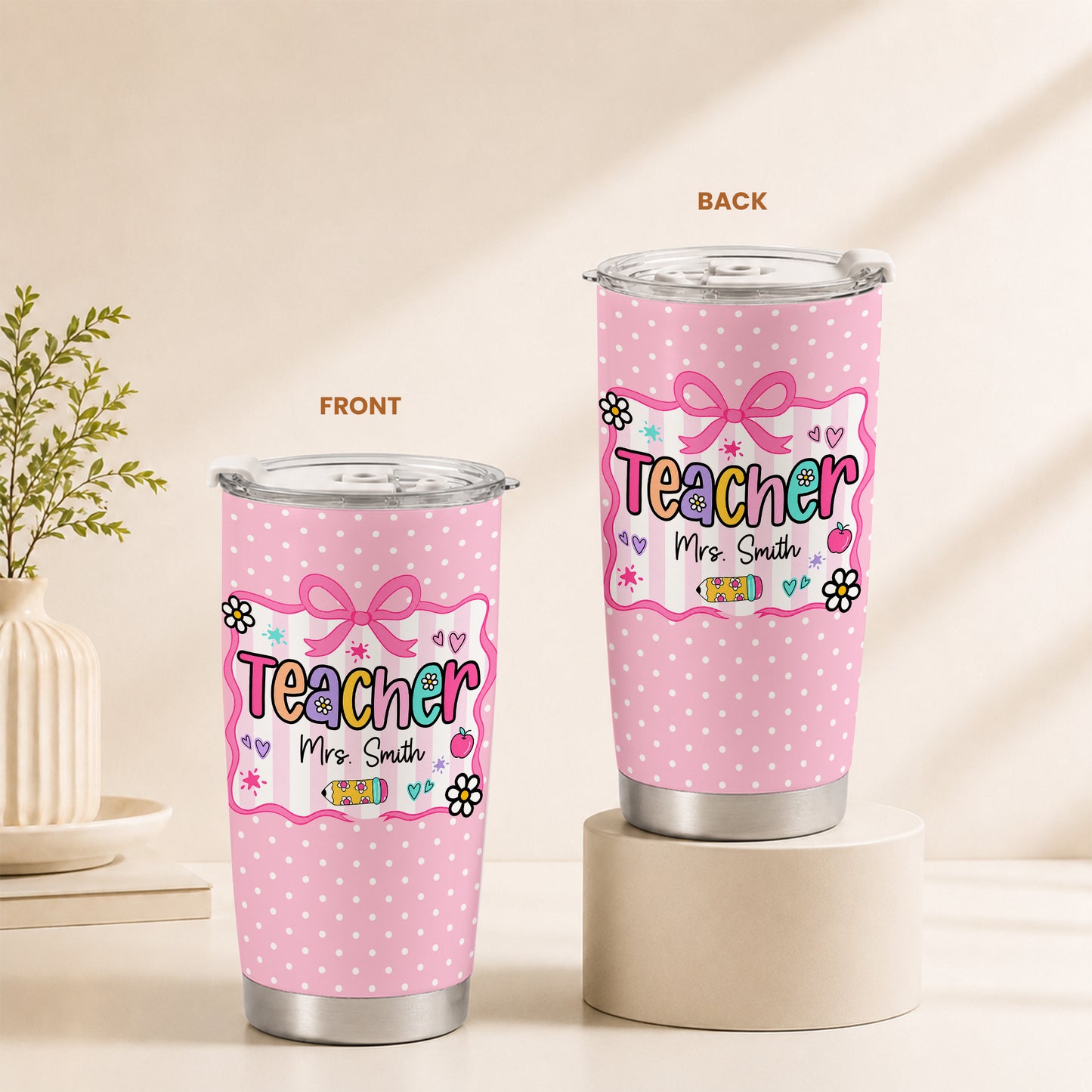 Personalized Teacher Tumbler with Custom Name, Cute Pencil Floral Travel Cup, Teacher Appreciation Gift, Back to School Teacher Gift