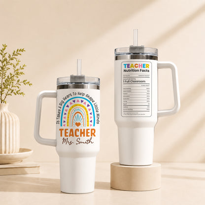 Personalized Teacher Tumbler with Handle - Custom Teacher Name Gift - Rainbow School Travel Cup with Straw - Appreciation Gift for Teachers