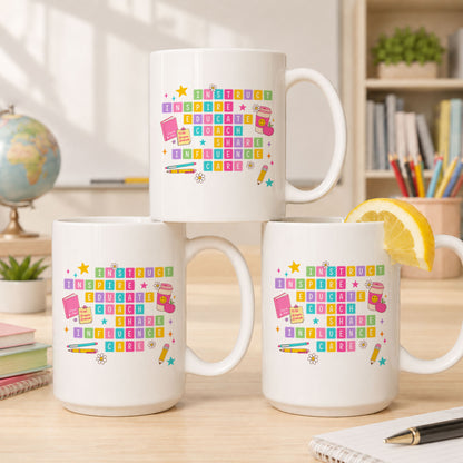 Colorful Teacher Crossword Mug - Personalized Teacher Name Ceramic Coffee Cup - Motivational Gift for Teachers
